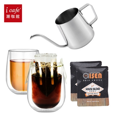 耳掛咖啡沖泡杯組-手沖壺350ml+雙層玻璃杯200ml+義式耳掛包30包